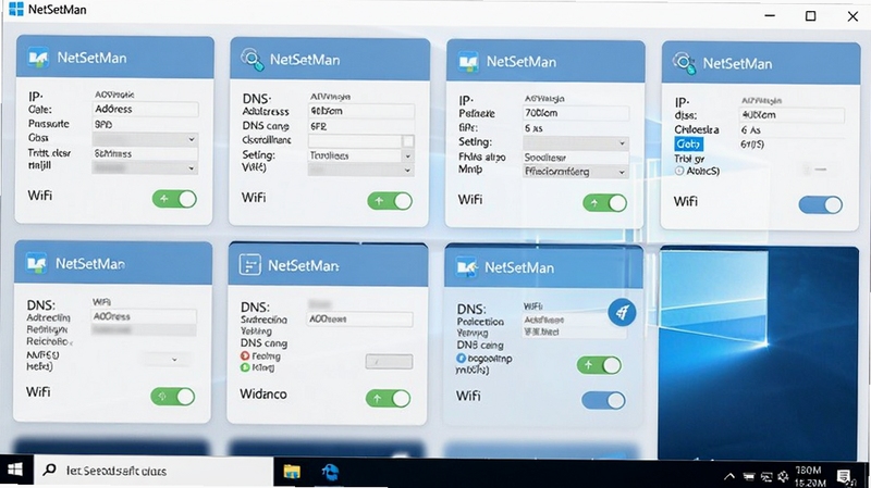 NetSetMan software interface showing multiple network profile cards on a clean Windows desktop, with IP address fields, DNS settings, and WiFi toggles displayed in a modern flat design, soft blue and white color scheme, organized grid layout, professional software screenshot style