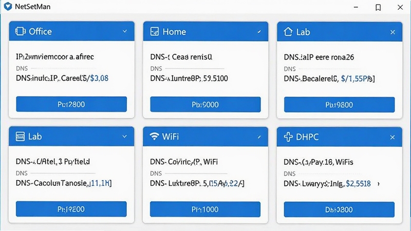 NetSetMan software screenshot displaying six network profile cards labeled Office, Home, Lab, Client, WiFi, and DHCP, each showing different IP address ranges and DNS configurations, clean white background with blue accent buttons, modern flat UI design