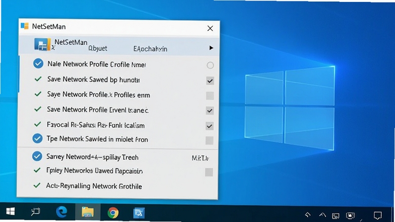NetSetMan system tray right-click context menu showing a list of saved network profiles with checkmarks, Windows taskbar in the background, realistic software UI elements, soft shadows and clean typography