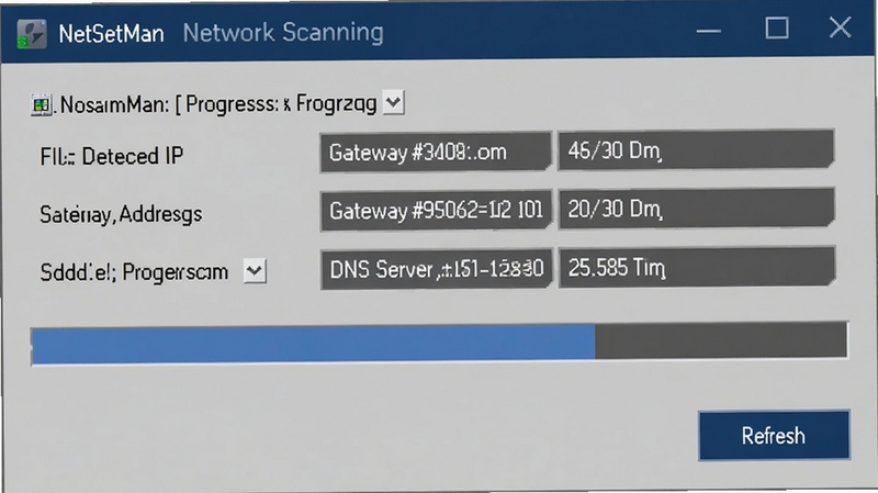 NetSetMan network scanning progress window showing detected IP range, gateway address, and DNS server information, with a progress bar and refresh button, technical software interface style, dark blue and grey color palette