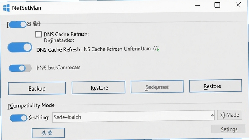 NetSetMan settings panel showing DNS cache refresh option, backup and restore buttons, and compatibility mode selection, clean Windows settings dialog style, light grey background with blue toggle switches