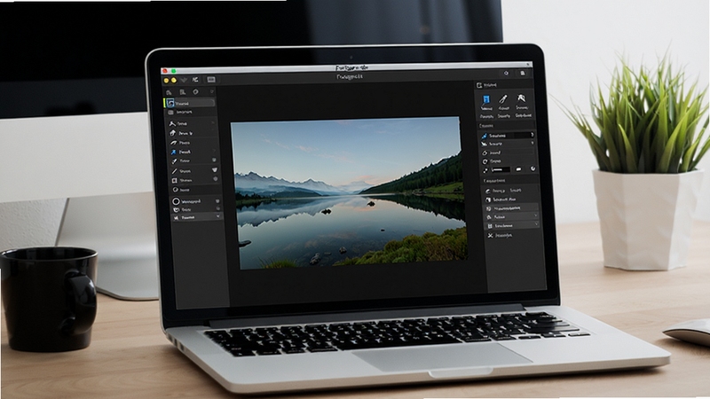 һ̨���ıʼǱ�������Ļ�ϴ�Fotografix�������棬������ʾһ�ŷ羰��Ƭ���ڱ���ɫ�������������ɼ�������������İ칫���棬����������ͣ��������������Ч����ͼ��Χ