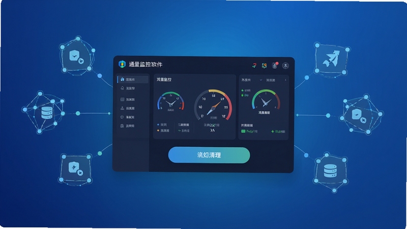 通量清软件主界面全貌,画面中央展示流量监控仪表盘与清理按钮,背景为科技蓝渐变,周围环绕网络节点图标,风格简洁现代,适配Boogu模型生成