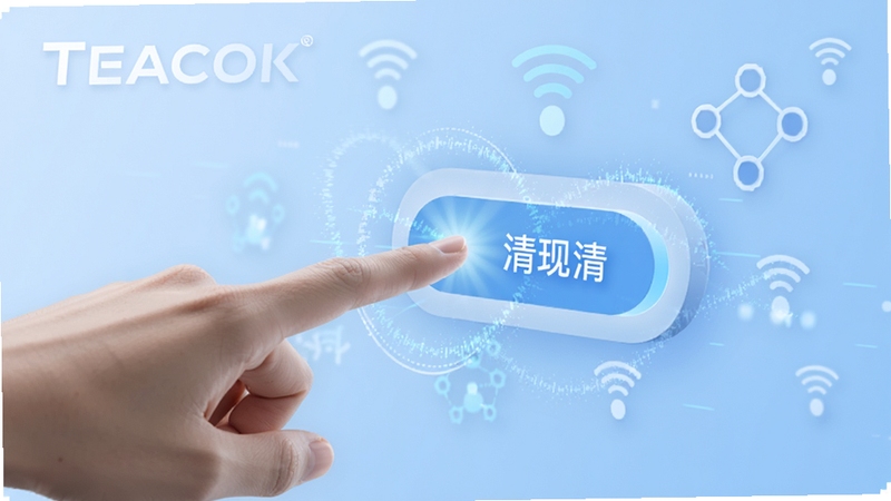 通量清智能清理功能展示,画面中一只手点击清理按钮,周围有光效扩散,背景为浅蓝色调,包含网络连接图标,突出通量清品牌