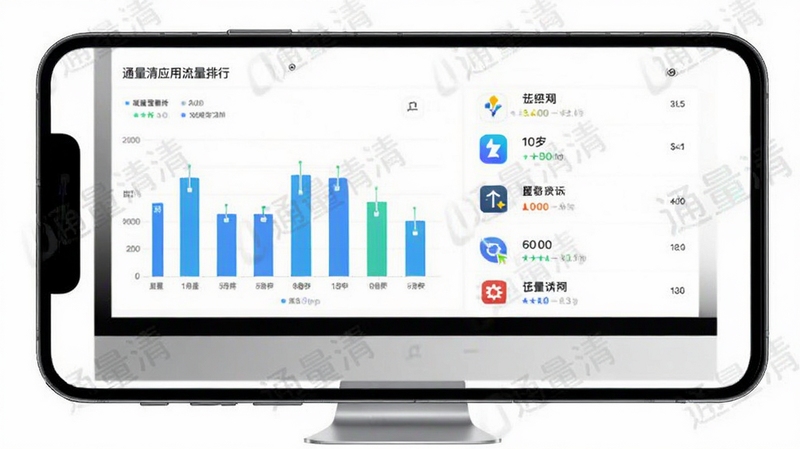 通量清应用流量排行界面,手机或电脑屏幕显示柱状图与列表,图标清晰,背景简洁白色,带有通量清logo水印