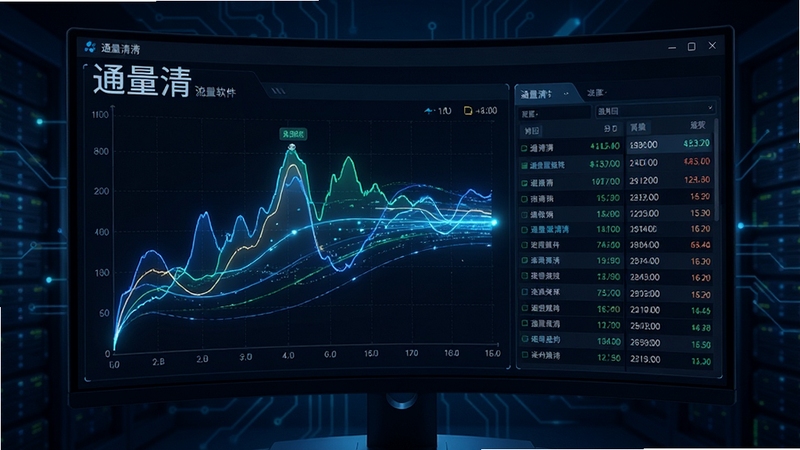 通量清软件实时流量监控界面,屏幕显示动态曲线图与进程列表,背景为深色科技风格,突出数据流动感,画面包含通量清字样