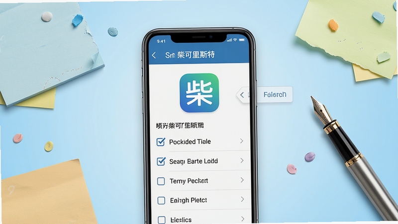 柴可里斯特软件主界面全貌展示,画面中央是一台智能手机,屏幕显示柴可里斯特清单管理界面,背景为简洁的浅蓝色渐变办公桌面区域,周围散落着便签纸与钢笔,整体风格清新商务,突出软件图标与待办列表布局