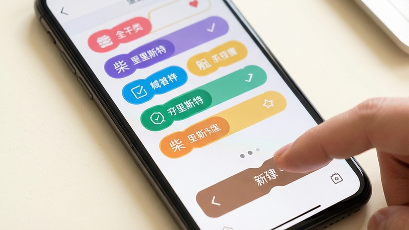 柴可里斯特清单创建界面特写,画面展示手机屏幕中多个彩色标签的清单卡片排列,手指正在点击新建按钮,背景为柔和米白色桌面,光线明亮,突出分类标签与图标细节