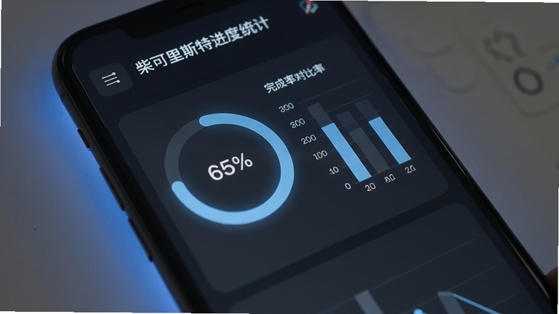 柴可里斯特进度统计页面,手机屏幕显示环形进度图与柱状完成率对比,背景为深灰色极简风格,屏幕发出柔和蓝光,突出数据可视化元素