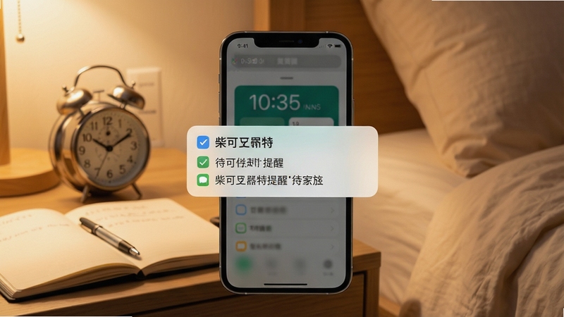 柴可里斯特提醒设置界面,画面中央手机弹出通知横幅,显示待办事项提醒内容,背景为清晨卧室床头柜场景,闹钟与笔记本点缀,色调温暖,突出通知与时间元素