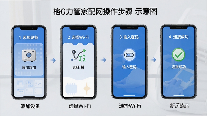 �����ܼ�������������ʾ��ͼ���ֻ���Ļ�ֲ�չʾ�����豸��ѡ��Wi-Fi���������롢���ӳɹ��ĸ����棬����Ϊǳ��ɫ������ͼ���������ʺ����ֶ��ղ���