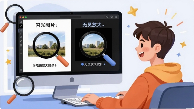 �û���ѡͼƬ�Ŵ󹤾ߵĳ����廭��������һλ���������ڵ���ǰ����Ļ�϶Ա�չʾ���ͬ�����ķŴ�Ч������������ͼƬ����Ŵ�������Ԥ��ͼ��Ϊ������Ȼ����Χ�зŴ󾵡����ǵ�װ��Ԫ�أ����������ɻ���