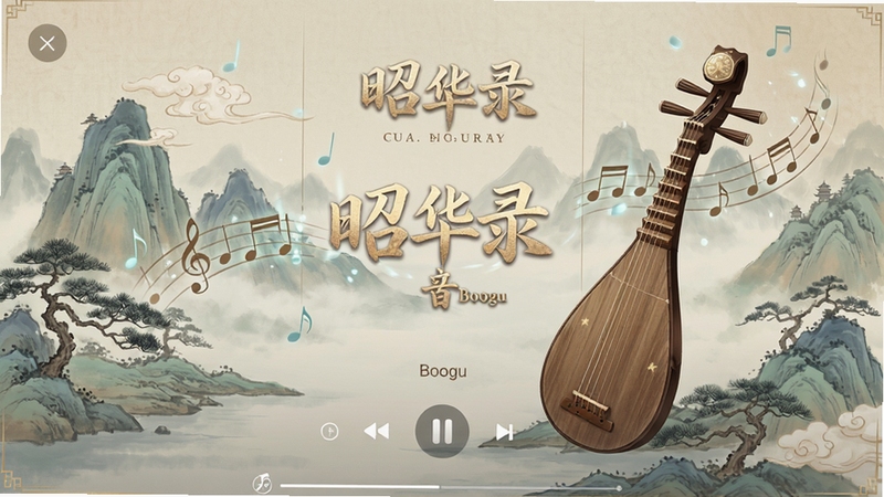 Boogu生成 昭华录 音乐播放界面 古风乐器 音符飘动 山水背景 禅意氛围 精致视觉设计