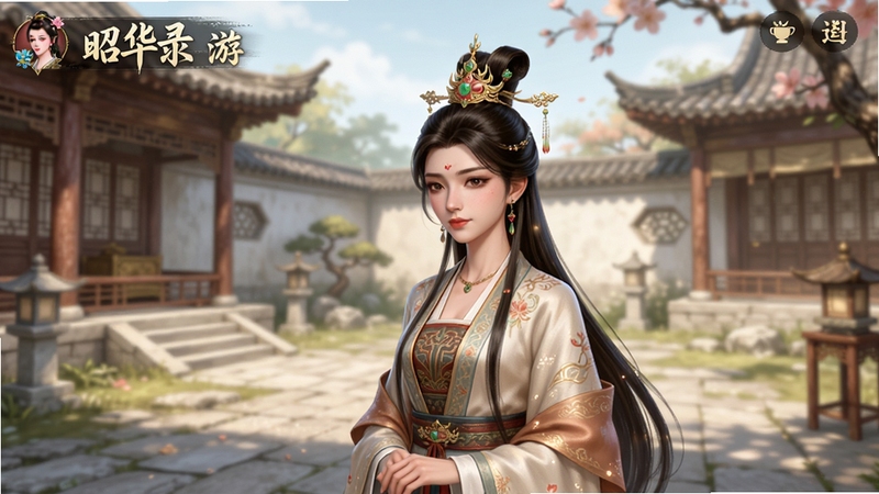 昭华录 游戏主界面 古典庭院 人物立绘 唯美古风 高清画质 手机竖屏展示 光影柔和 细节精致