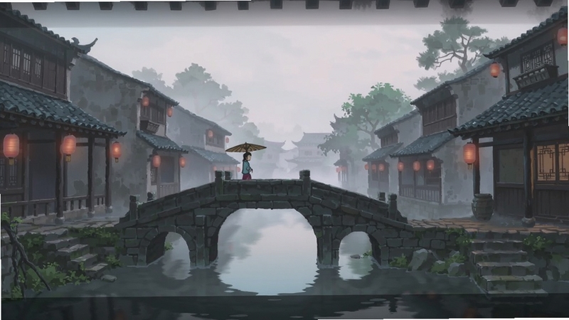 Boogu生成 昭华录 烟雨江南场景 小桥流水 油纸伞 古风建筑 薄雾弥漫 电影级构图 色彩淡雅