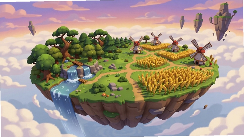 Xanadu Land 奇幻大陆全景鸟瞰图,画面中央是一座漂浮在云海之上的巨大岛屿,岛屿左侧是葱郁的森林与瀑布,右侧是金黄色的麦田与风车小屋,背景区域为紫粉色晚霞天空与远处若隐若现的浮空石柱,整体采用卡通渲染风格,光影柔和,色彩明快,适配Boogu模型生成
