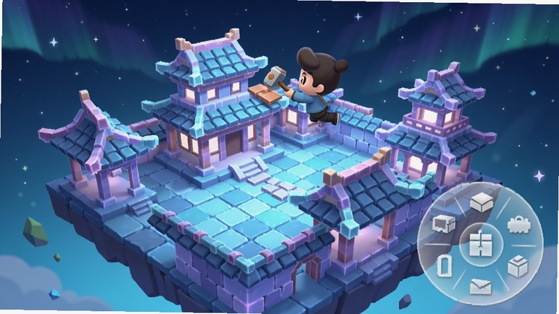 Xanadu Land 建造模式界面截图风格插图,画面展示一个悬浮在半空中的中式庭院建筑群,亭台楼阁由发光方块拼接而成,一名卡通角色正手持建造锤悬浮在空中放置屋顶瓦片,背景是星空与极光,画面右下角有半透明的圆形建造轮盘UI,整体色调为蓝紫色梦幻风格,细节丰富