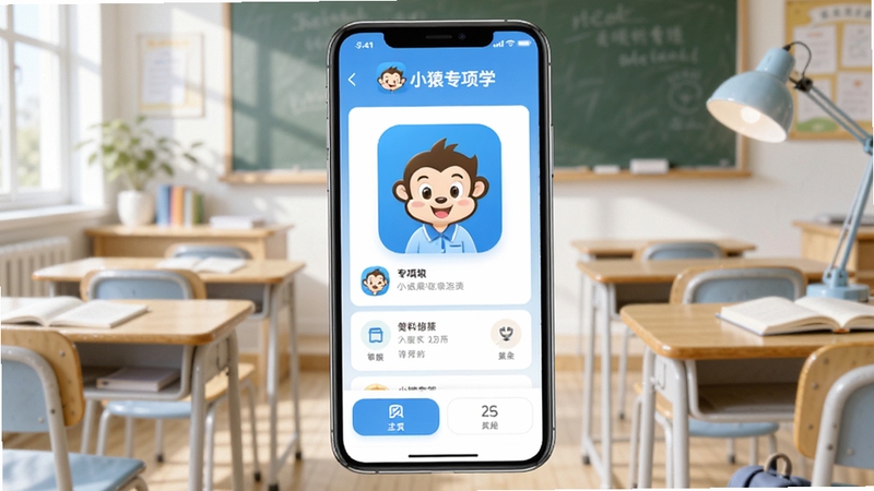 小猿专项学 主界面展示,手机屏幕中央显示学科专项选择页面,背景是明亮的教室或书桌场景,画面简洁清新,重点突出软件logo与功能入口