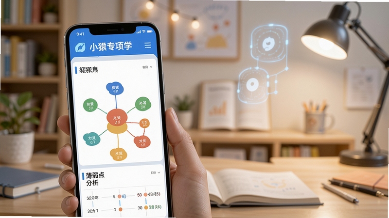 小猿专项学 智能诊断报告界面,手机屏幕显示彩色知识图谱与薄弱点分析图表,背景为柔和的学习环境,画面科技感与教育感结合
