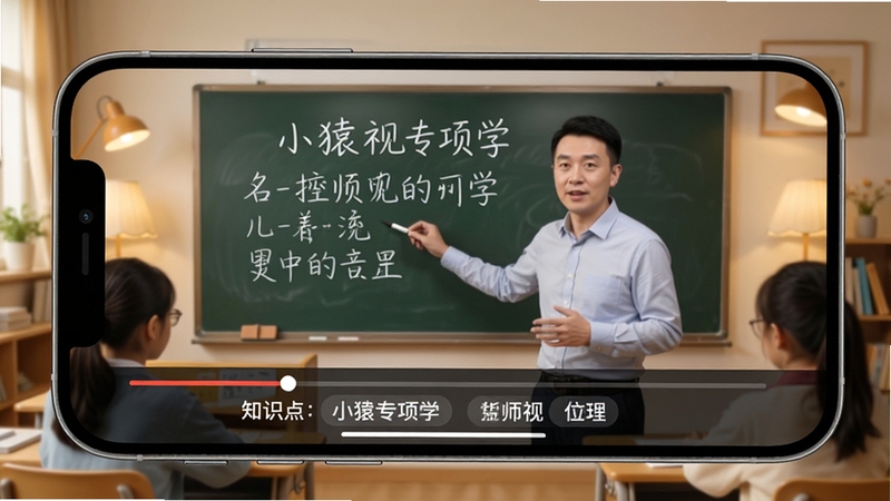 小猿专项学 名师视频讲解界面,手机横屏显示老师板书讲解画面,屏幕下方有进度条与知识点标签,背景为温馨的在线课堂场景