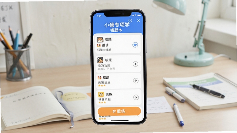 小猿专项学 错题本功能界面,手机屏幕显示错题列表与重练按钮,背景为整洁的学习桌面,画面突出复习巩固的学习习惯