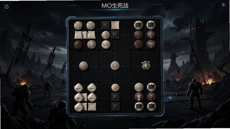 九格生死战(MOD菜单)主界面全景预览图,画面中央为九宫格棋盘,棋子分布均匀,背景为暗色科技风格战场,UI简洁清晰