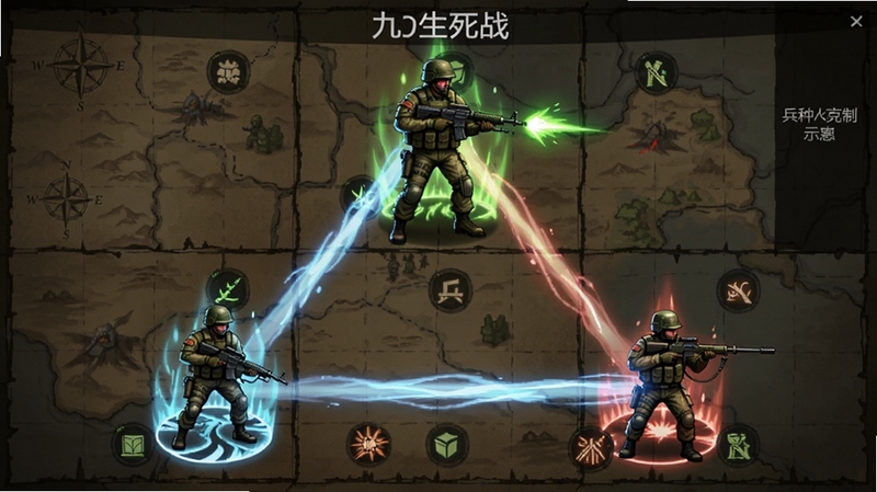 九格生死战(MOD菜单)兵种克制关系示意图,画面中突击兵、防御兵、远程兵呈三角站位,技能光效交错,背景为战场地图