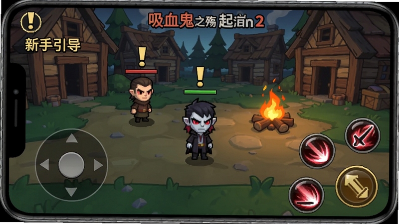 吸血鬼之殇起源2新手引导界面截图,画面显示手机屏幕中游戏角色站在村庄广场,NPC头顶有感叹号任务标记,下方有虚拟摇杆与技能按钮,背景是木质房屋与篝火,风格卡通暗黑,适配Boogu模型生成