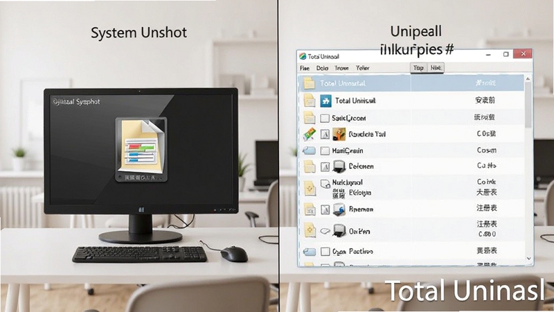 Total Uninstall ��װ��ع�����ʾͼ����������Ϊ���ҷ����ԱȽ��棬�����ʾ��װǰϵͳ���գ��Ҳ���ʾ��װ��仯�б�����������Ϊǳɫ�칫������ͻ���ļ���ע�������Աȣ��������� Total Uninstall ��ˮӡ��ʽ���������½�