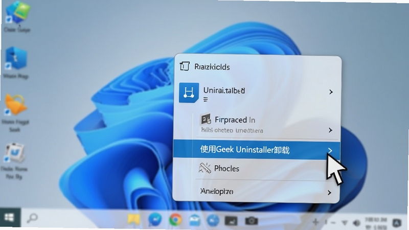 Geek Uninstaller�Ҽ��˵�����Ч��ͼ������Ҽ����һ����������ͼ�꣬�����������Ĳ˵��и�����ʾ��ʹ��Geek Uninstallerж�ء�ѡ��˵���ʽΪWindows 11��񣬱���Ϊģ���������ֽ��ͻ����ݲ�����UI�������ʾ��ͼ