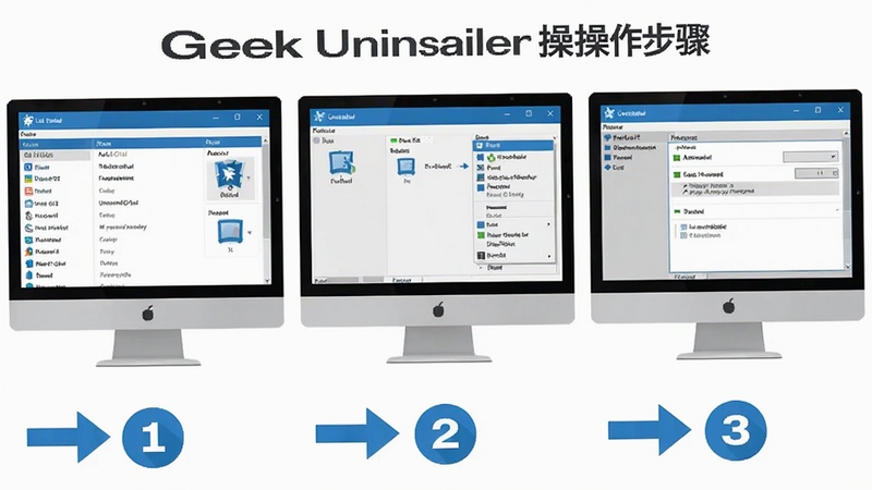 Geek Uninstaller��������ʾ��ͼ�������Ϊ�������ŵĵ�����Ļ��ͼ����һ��չʾ�������б����ڶ���չʾ�Ҽ�ж�ز˵���������չʾ����ɨ������ÿ�������·����м��ļ�ͷ�����ֱ�ʶ���������ƽ������ɫΪ���׻ң���Ϣͼ�����