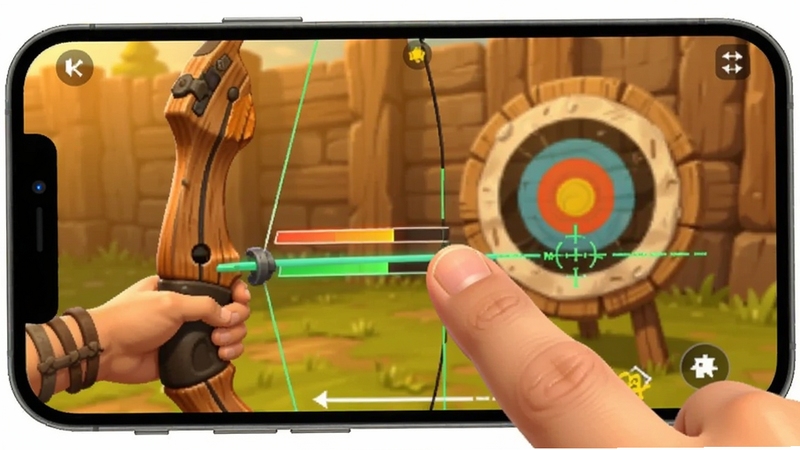 Zad Archery��������������д����������Ϊ��ָ���ֻ���Ļ����󻬶���������Ļ��ʾ����������׼�����ߣ�����Ϊ��Ϸ�ڵļ�������ɫ����ůɫΪ��ͻ�����������У�����Booguģ������
