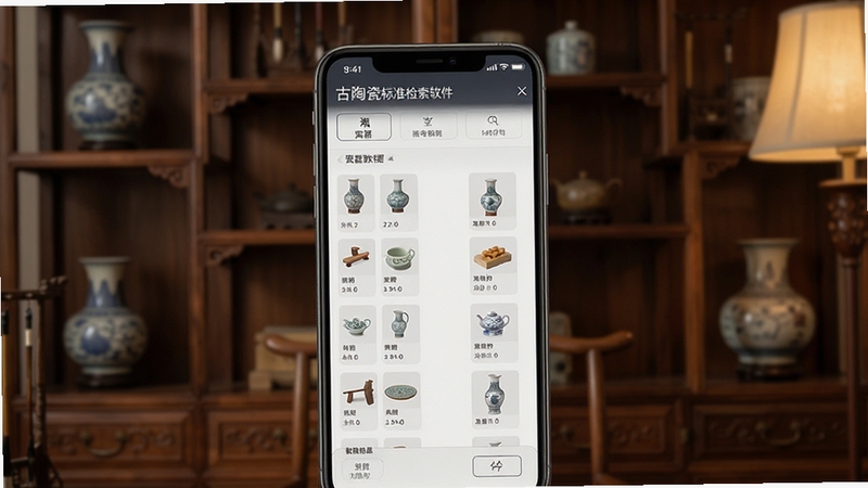 古陶瓷标准检索软件界面展示,手机屏幕显示瓷器数据库列表,背景是古色古香的博古架,柔和暖光,高清写实风格