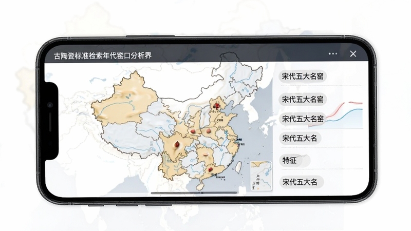 古陶瓷标准检索年代窑口分析界面,手机屏幕显示宋代五大名窑的分布地图与特征标签,简洁信息图表风格