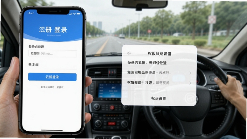 云滴司机移动端操作界面截图,画面展示手机屏幕内注册登录页面与权限设置弹窗,背景区域为车内驾驶场景,突出移动端使用便捷性,适配Boogu模型生成