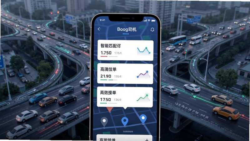云滴司机订单推送功能展示图,画面主体为手机屏幕显示多个订单卡片与地图定位标记,背景区域为城市交通路网,突出智能匹配与高效接单,整体风格简洁现代,适配Boogu模型生成