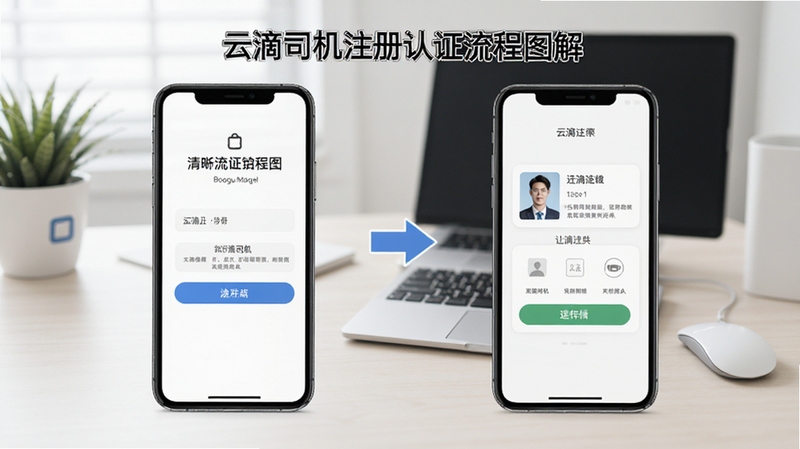 云滴司机注册认证流程图解,画面展示手机屏幕内注册页面与证件上传界面,背景区域为简洁办公桌面,突出注册流程清晰易懂,适配Boogu模型生成