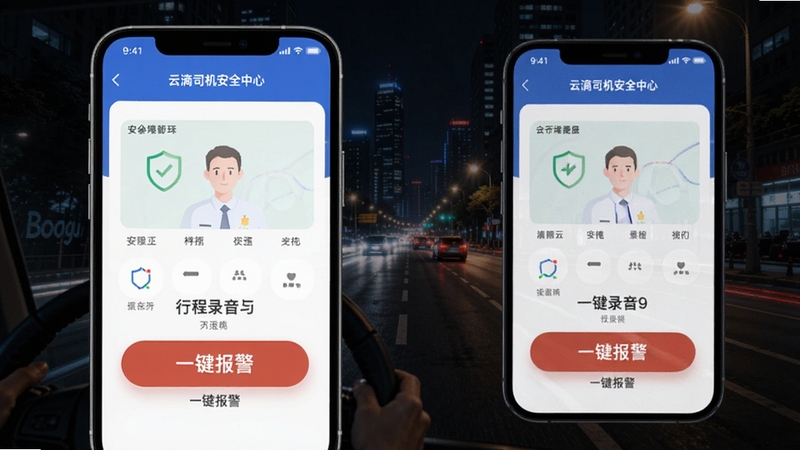 云滴司机安全中心功能界面图,画面展示手机屏幕内行程录音与一键报警按钮,背景区域为夜间城市道路,强调安全保障与出行守护,适配Boogu模型生成