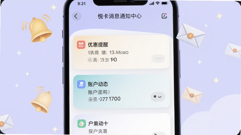 悦卡消息通知中心界面,手机屏幕显示多条通知卡片,包含优惠提醒与账户动态,背景为柔和的淡紫色,画面中有漂浮的铃铛与信封图标,整体氛围轻松友好