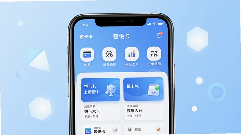 悦卡应用主界面展示,画面中央是手机屏幕特写,屏幕内呈现悦卡清爽的首页布局,包含功能图标与卡片列表,背景为柔和的浅蓝色渐变,四周点缀抽象的几何光斑,整体风格现代简约,突出科技感与生活气息