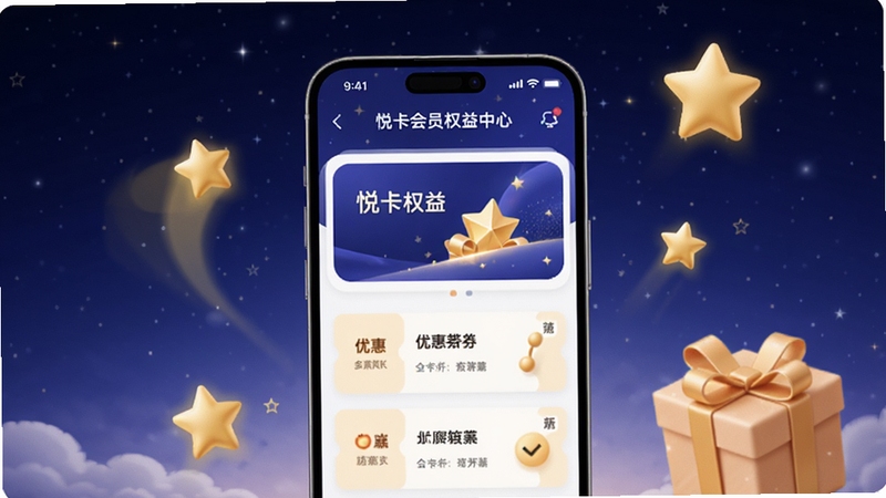 悦卡会员权益中心页面,画面中手机屏幕显示悦卡权益卡片与优惠券列表,周围漂浮着金色的星星和礼盒元素,背景为深蓝色星空渐变,营造出尊贵与惊喜的视觉效果