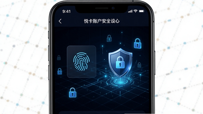 悦卡账户安全设置界面,手机屏幕展示安全中心页面,包含指纹识别图标与盾牌标志,背景为科技感十足的深色网格与发光锁形图案,整体风格严谨专业,突出安全防护概念
