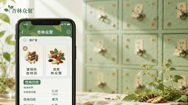 杏林众聚 中药查询功能界面,画面主体为手机屏幕显示中药卡片与性味归经信息,背景区域为淡绿色中药柜与少量草本植物,光线明亮柔和,风格写实细腻,画面中带有杏林众聚字样