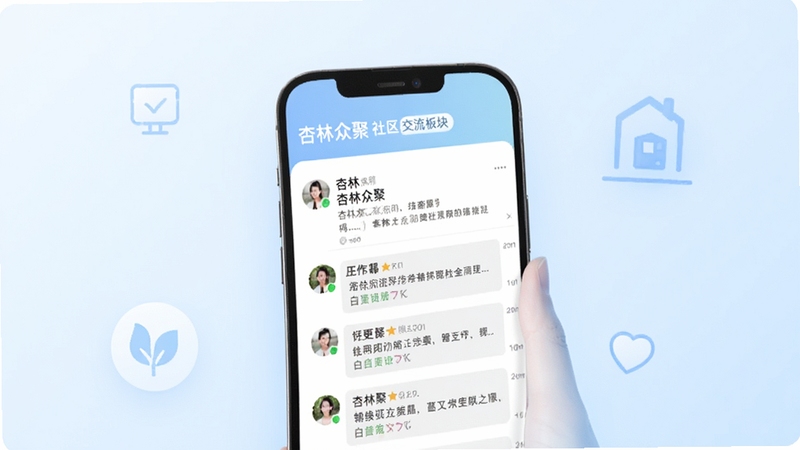 杏林众聚 社区交流板块界面,画面主体为手机屏幕显示用户发帖与评论列表,背景区域为淡蓝色渐变与简约图标,光线柔和,风格现代,屏幕内可见杏林众聚的社区标签