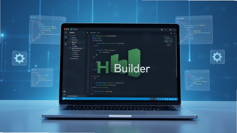 ����������һ̨�򿪵ıʼǱ����ԣ���Ļ����ʾ�� HBuilder ��־�Ե���ɫ����༭���棬�����Ǽ�Լ�ĿƼ������䣬��Χ������Ʈ���Ĵ���Ƭ�������ͼ�꣬�������רҵ�����߹���̨��Χ