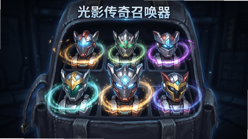 光影传奇召唤器模拟器界面展示,多个铠甲召唤器排列在虚拟背包中,光影特效环绕
