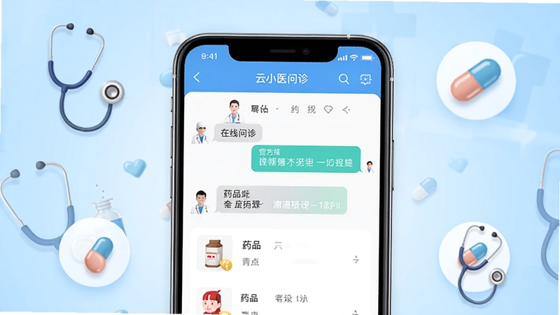 ��Сҽ����ٷ�Ӧ�ý���չʾ����������Ϊ�ֻ���Ļ����ʾҽ����������Ի�����ҩƷ�б�������Ϊǳ��ɫ����ҽ�ƽ��������Χ��׺��������ҩ��ͼ�꣬����ɾ�����