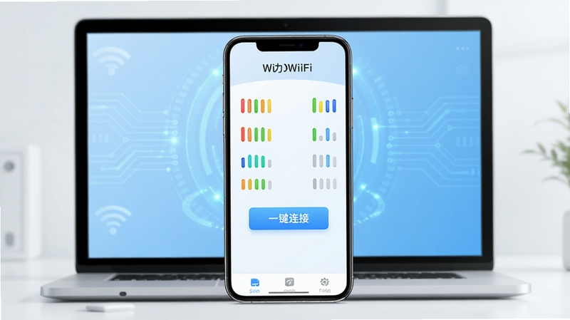 ȫͨ���WiFi�����������չʾ���ֻ��������Ļ������ʾ�ܱ�WiFi�б����ź�ǿ���ò�ɫ��״ͼ�����֣�����Ϊǳ��ɫ����Ƽ��з�񣬽�������ˬ��ͻ����һ�����ӡ���ť������������ϸ������