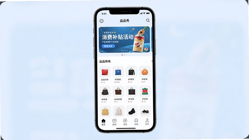 ƷƷ��Ӧ��������ȫ��չʾ����������ΪƷƷ��App����ҳ�̳ǲ��֣��Ϸ��ֲ�ͼ����չʾ���Ѳ����������в�Ϊ��Ʒ����ͼ�����񣬵ײ�Ϊ������������Ϊ��͵�ǳ��ɫ���䣬���������¼�࣬����Booguģ������