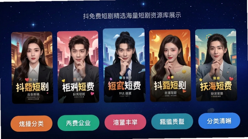 抖免费短剧精选海量短剧资源库展示图,画面中央排列多张竖版短剧封面海报,背景为深蓝色星空渐变,海报下方有清晰的分类标签按钮,整体色调丰富活泼,体现资源丰富与分类清晰的特点